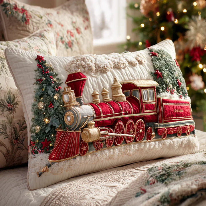 Quilted Decorative Pillowcase - Festive Steam Locomotive